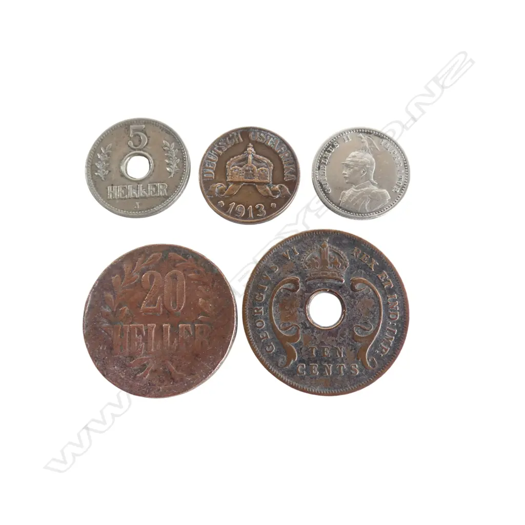 FIVE EAST AFRICAN COINS INCLD; 1916 TABORA, MINTED 20 HELLER & 1909 GERMAN EAST AFRICA 1/4 RUPIE Image 1++