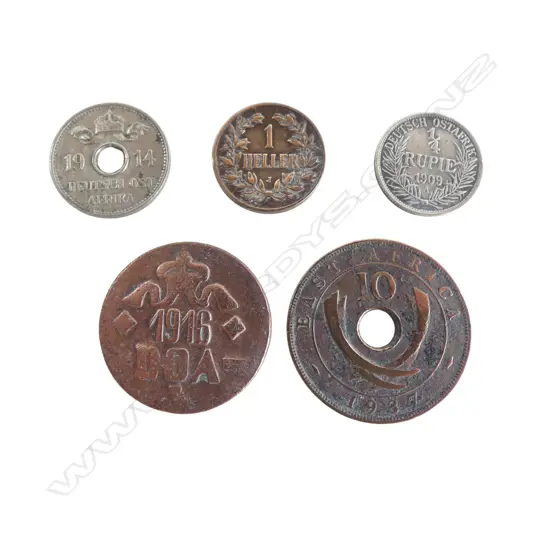 FIVE EAST AFRICAN COINS INCLD; 1916 TABORA, MINTED 20 HELLER & 1909 GERMAN EAST AFRICA 1/4 RUPIE