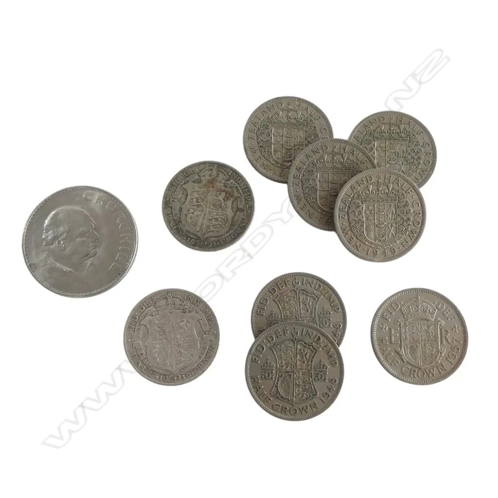 NINE HALF CROWNS 1919, 1921, 1943x2, 1949x4, 1957 & NZ Churchill Crown Image 1++
