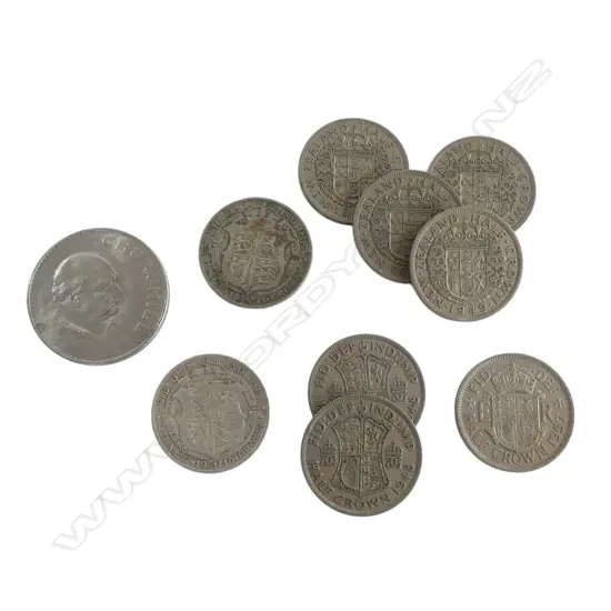 NINE HALF CROWNS 1919, 1921, 1943x2, 1949x4, 1957 & NZ Churchill Crown