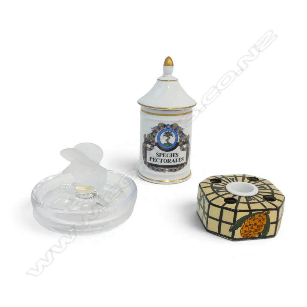 3 FRENCH PCES; LIMOGES JAR 'SPECIES PECTORALES' H.180mm, HENRI DELCOURT INKWELL, CRISTAL DE SEVRES OWL Image 1++