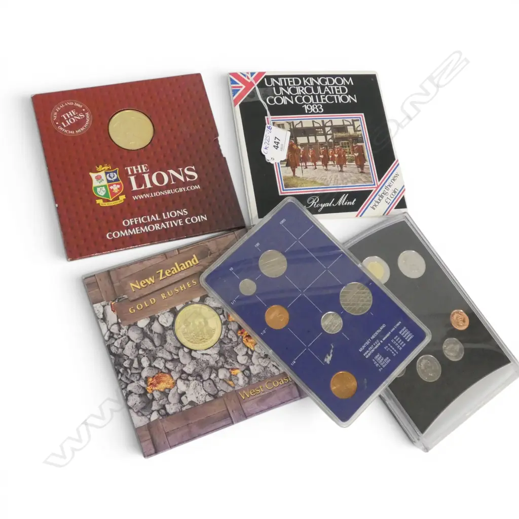 5 COMMEMORATIVE COINS / COIN SETS; N.Z. GOLD RUSHES NELSON, THE LIONS, UK 1983 etc Image 1++
