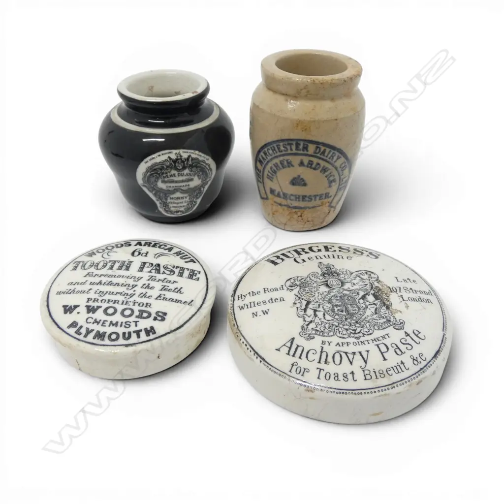 ANTIQUE TWO POT LIDS ANCHOVY & TOOTHPASTE, & TWO DAIRY POTS, D.88MM H.80MM Image 1++