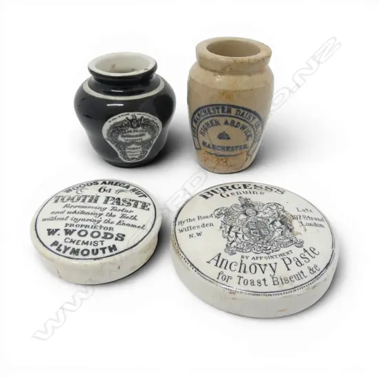 ANTIQUE TWO POT LIDS ANCHOVY & TOOTHPASTE, & TWO DAIRY POTS, D.88MM H.80MM
