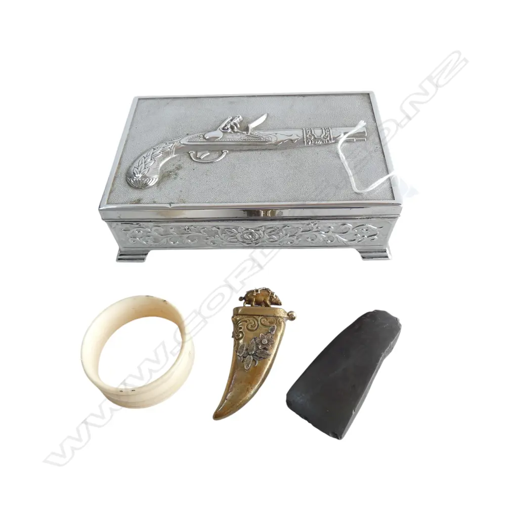 SILVER METAL JEWELLERY BOX W.160mm, IVORY NAPKIN RING, TOKI ADZE, TOOTH SHAPED CONTAINER L.70mm Image 1++