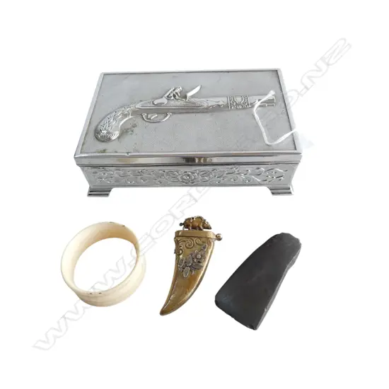 SILVER METAL JEWELLERY BOX W.160mm, IVORY NAPKIN RING, TOKI ADZE, TOOTH SHAPED CONTAINER L.70mm
