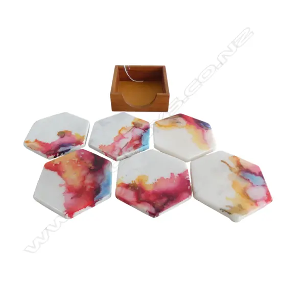 Set 6 hexagonal marble coasters painted highlights. In rimu box stand