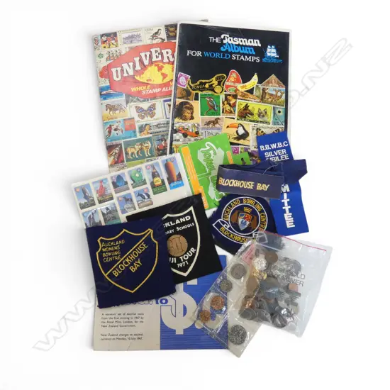 ASST. STAMPS & COINS + PATCHES Incl. BLOCKHOUSE BAY PATCHES