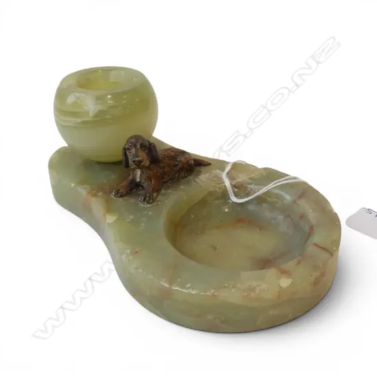 VINTAGE ALABASTER & COLD PAINTED SPELTER DOG ASHTRAY some chipping. L.160mm