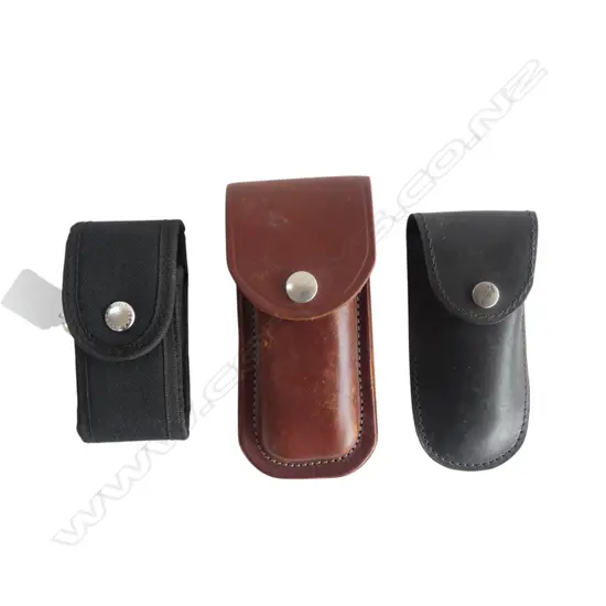 3 KNIFE SHEATHS; 2 LEATHER (AUST & NZ), 1 CANVAS BY KERSHAW