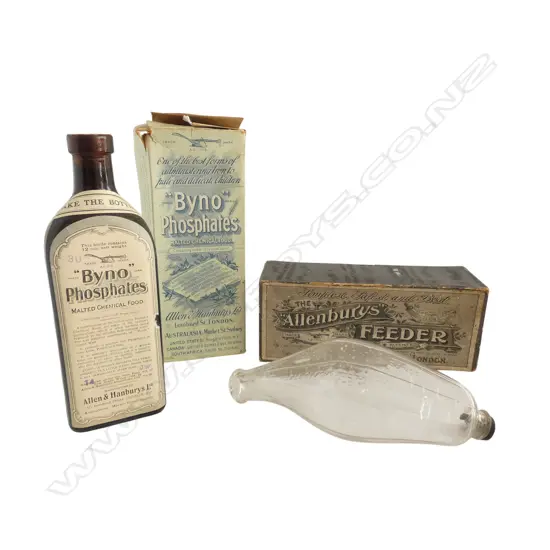 ANTIQUE PACKAGING & FULL CONTENTS ALLENBURY’S FEEDER BOTTLE & BYNO PHOSPHATES BOTTLE, L.195MM H.205MM