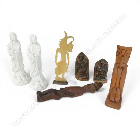 7 ASST. FIGURINES; 2 BLANC DE CHINE H.165mm, TRIBAL WOODEN H.195mm ETC