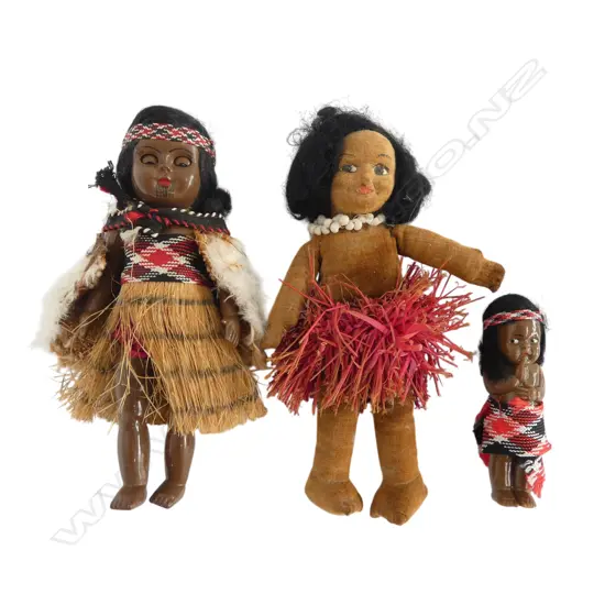 NORAH WELLINGS UK PACIFIC DOLL W. LABEL & 2 MAORI DOLLS, H.180MM