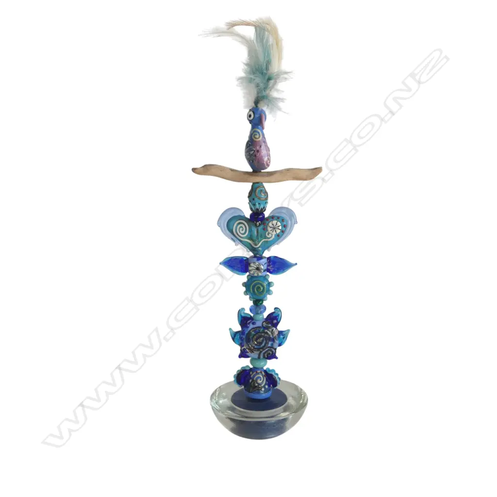 Phoenix glass blue bird with feather Totem. Ltd.Ed. #25. Askoru Beads. 2009. H.290mm Image 1++