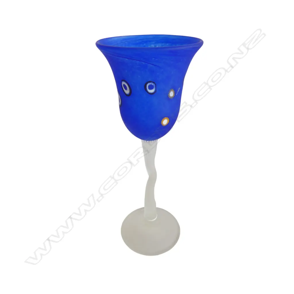 Lynette Campbell 2001 art glass wine glass. Blue bowl w marines frosted long stem. H.253mm Image 1++