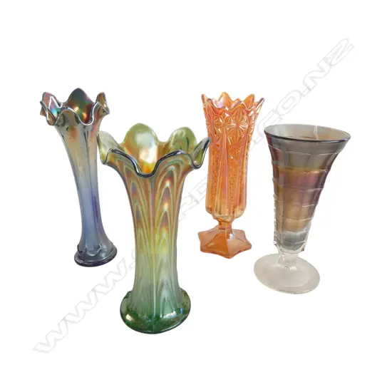 4 CARNIVAL GLASS VASES, H.200-240mm