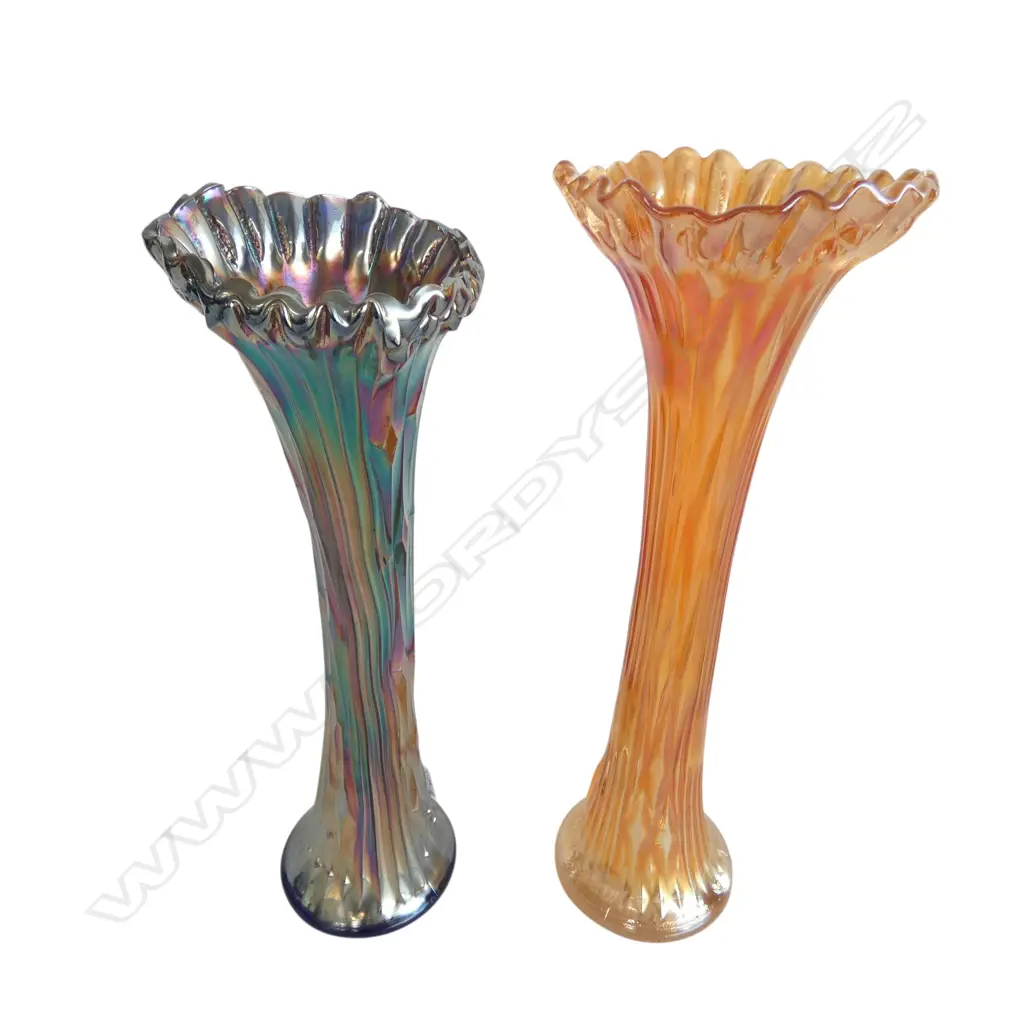 2 CARNIVAL GLASS JACK in the PULPIT VASES, H.350 & 330mm Image 1++