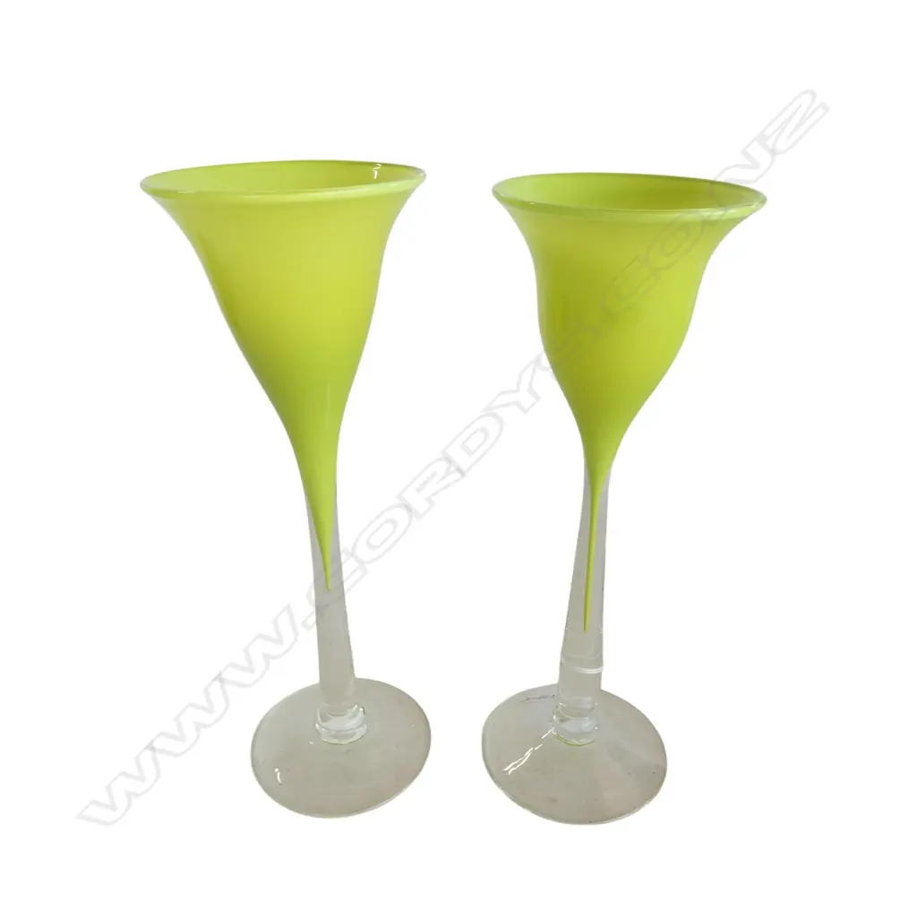 2 Lynette Campbell 2003 art glass tall tulip type green wine glasses clear base & lower stem. Signed. H.280mm Image 1++