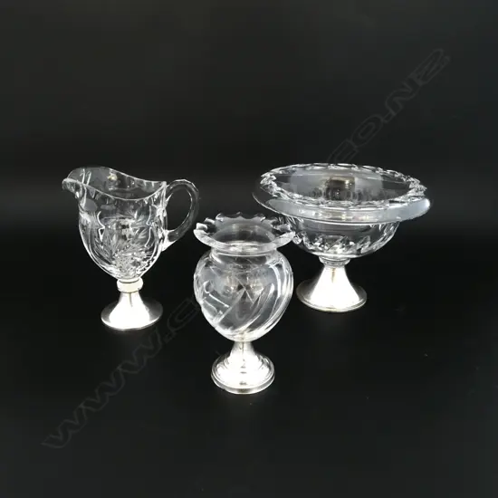 3 PCES CRYSAL w. DUTCH SILVER BASES; VASE, COMPORT (835) & JUG H.130mm