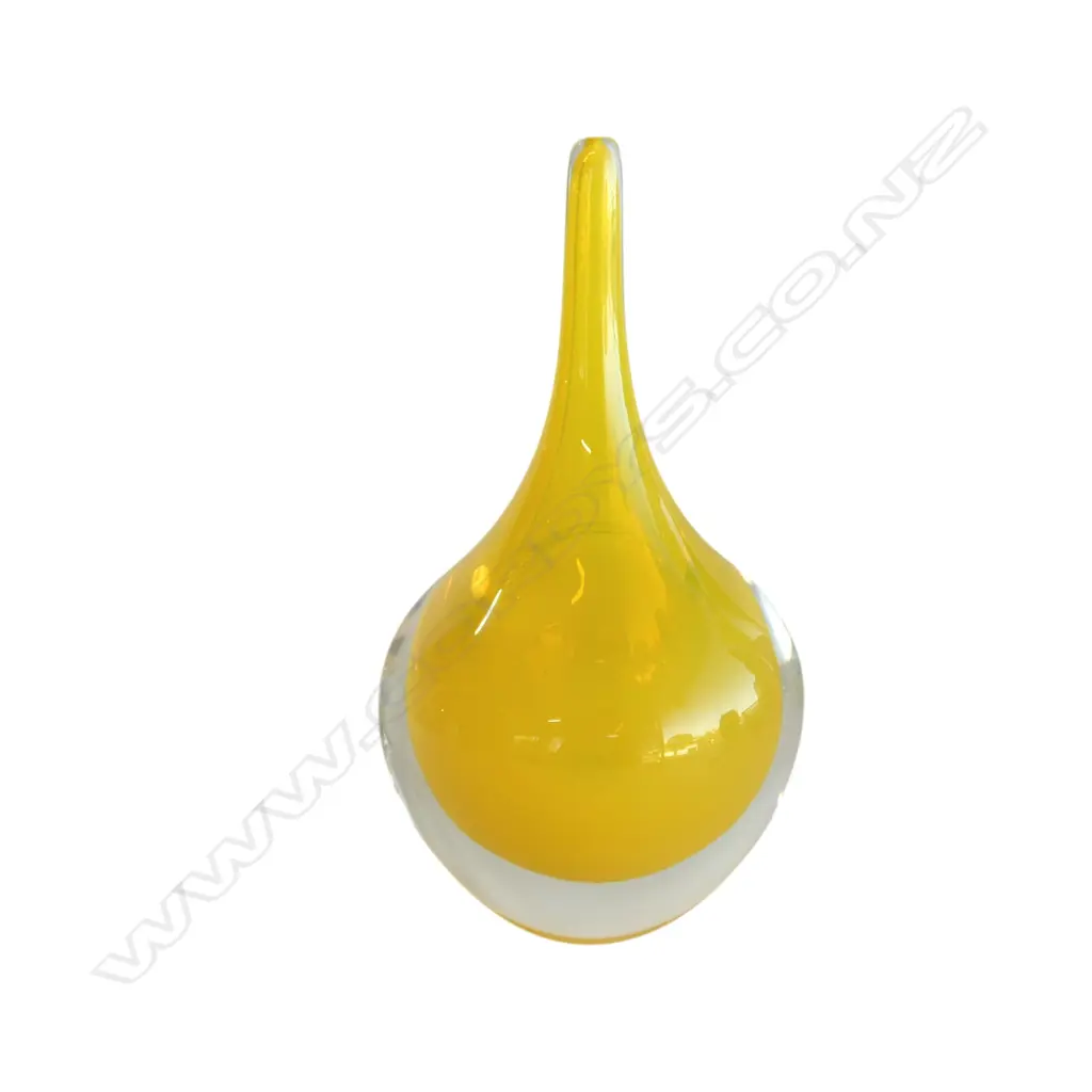 Chris Jones 2008 art glass yellow & clear cased tear-drop sculpture. H.155mm Image 1++