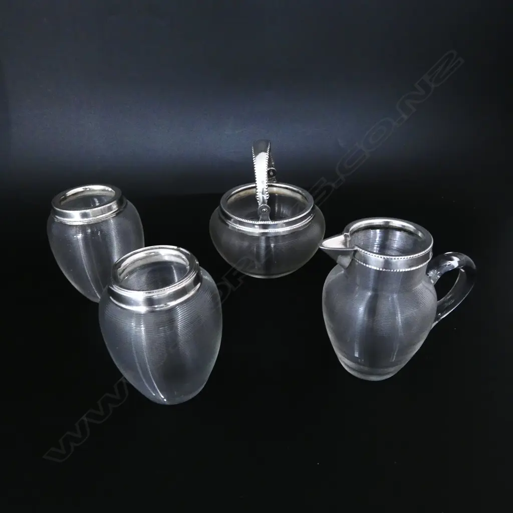 4 PCE DUTCH SILVER & CRYSTAL SET; PR VASES H.80mm, JUG & BOWL w. SWING HANDLE Image 1++