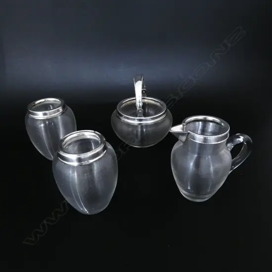4 PCE DUTCH SILVER & CRYSTAL SET; PR VASES H.80mm, JUG & BOWL w. SWING HANDLE