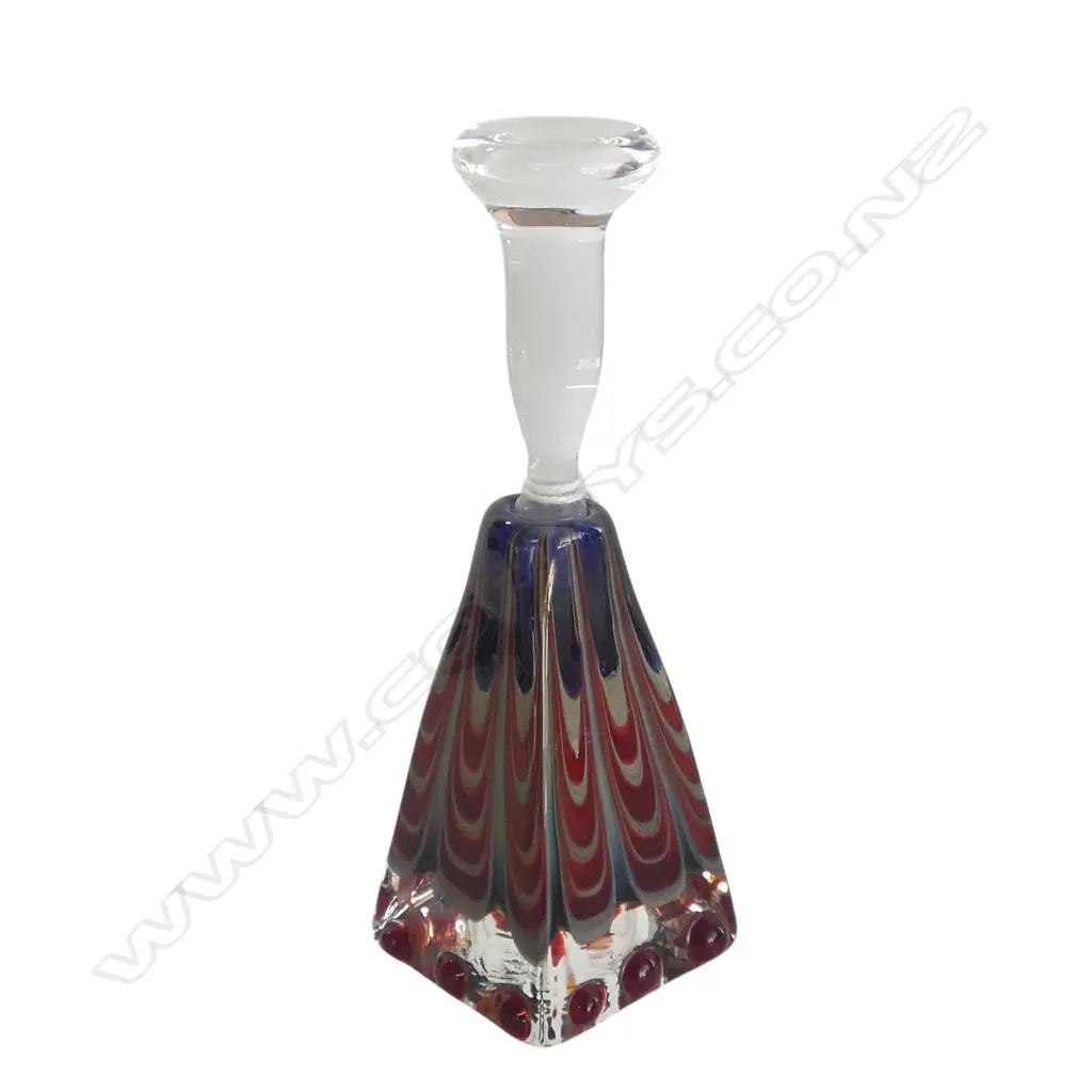 Tony Trivett 2002 art glass perfume bottle square base. coloured swirls. Clear stopper w dipper. H.110mm Image 1++