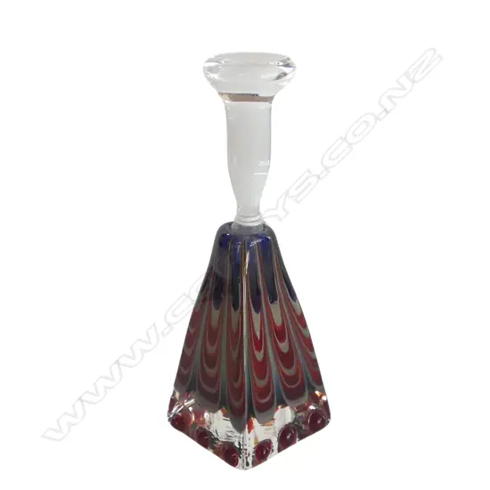 Tony Trivett 2002 art glass perfume bottle square base. coloured swirls. Clear stopper w dipper. H.110mm