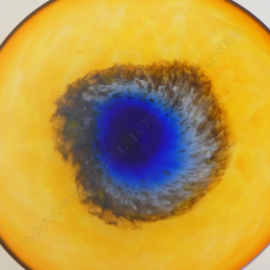 De Flute 2002 art glass yellow/blue shallow pedestal bowl. Dia.355mm. Image 1++