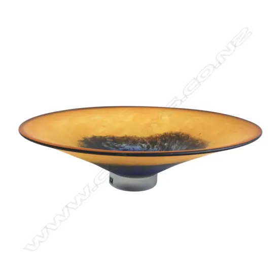 De Flute 2002 art glass yellow/blue shallow pedestal bowl. Dia.355mm.