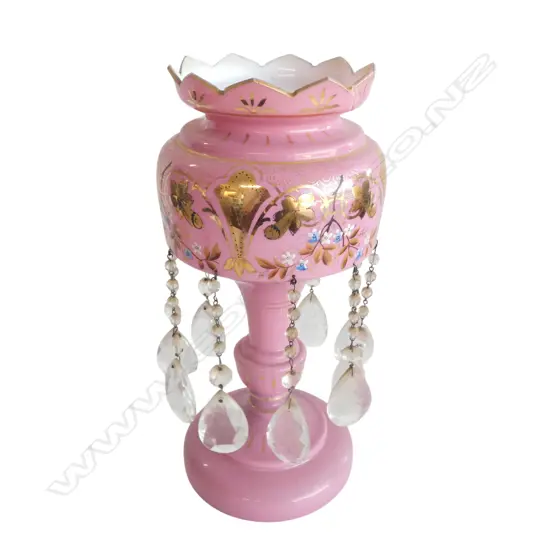 VICTORIAN PINK GLASS LUSTRE VASE, H.370mm, repaired & not original lustres