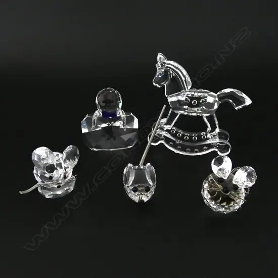 5 SWAROVSKI CRYSTAL MINIATURES; ROCKING HORSE, HUMPTY DUMPTY & 3 MICE