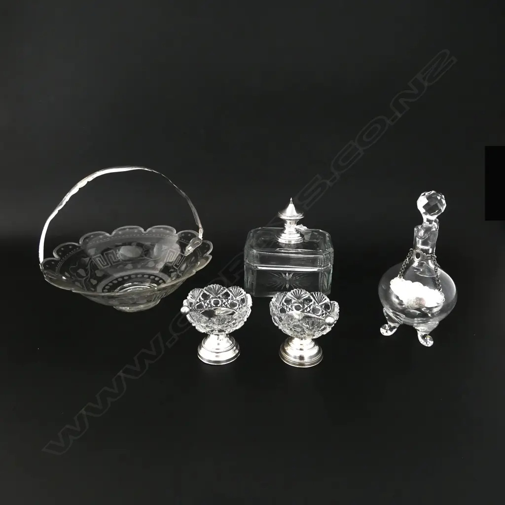 4 PCES CRYSTAL w. DUTCH SILVER TRIM; PR SALTS, LIDDED CONTAINER, BOWL w. SWING HANDLE 175mm dia chip, JUG  Image 1++