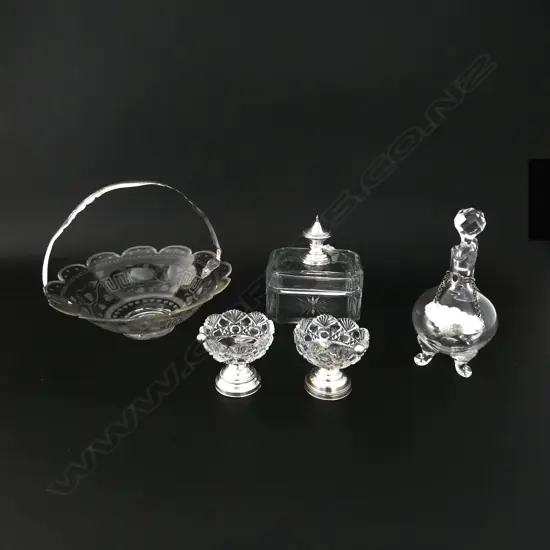 4 PCES CRYSTAL w. DUTCH SILVER TRIM; PR SALTS, LIDDED CONTAINER, BOWL w. SWING HANDLE 175mm dia chip, JUG 