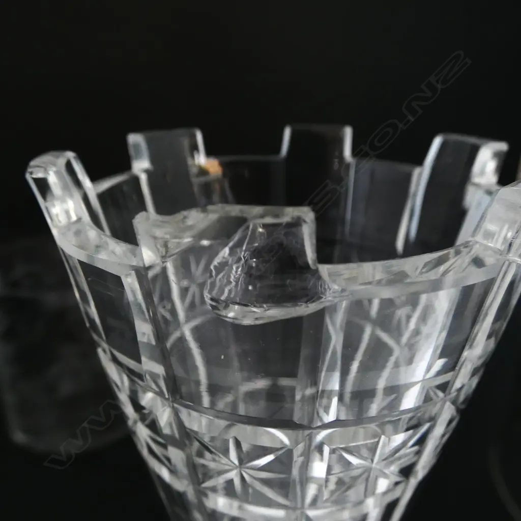 4 PCES VINTAGE CRYSTAL; DECANTER H.340mm, VASE w. DUTCH SILVER BASE, DOME, ETCHED JAR - ALL w. MINOR CHIPS Image 1++