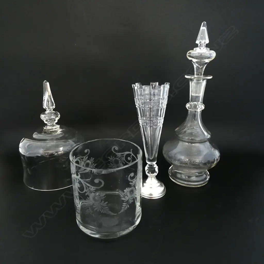 4 PCES VINTAGE CRYSTAL; DECANTER H.340mm, VASE w. DUTCH SILVER BASE, DOME, ETCHED JAR - ALL w. MINOR CHIPS Image 1++
