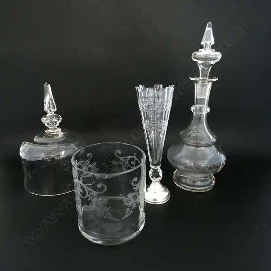 4 PCES VINTAGE CRYSTAL; DECANTER H.340mm, VASE w. DUTCH SILVER BASE, DOME, ETCHED JAR - ALL w. MINOR CHIPS