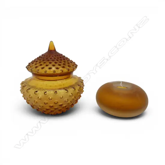 2 PCES AMBER GLASS; HOBNAIL LIDDED JAR H.165mm,  MURANO CANDLE HOLDER