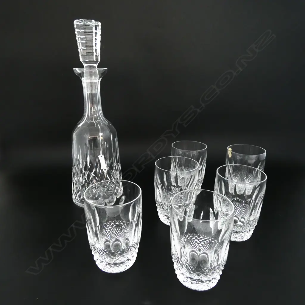 WATERFORD CUT CRYSTAL DECANTER + 6 BOXED WATERFORD TUMBLERS  Image 1++