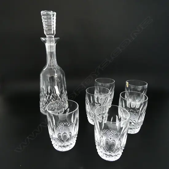 WATERFORD CUT CRYSTAL DECANTER + 6 BOXED WATERFORD TUMBLERS 