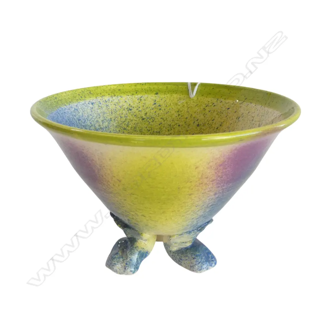 Speckled green & blue ceramic art pottery bowl with feet. Dia.175mm. Christopher Dresser inspired. Image 1++