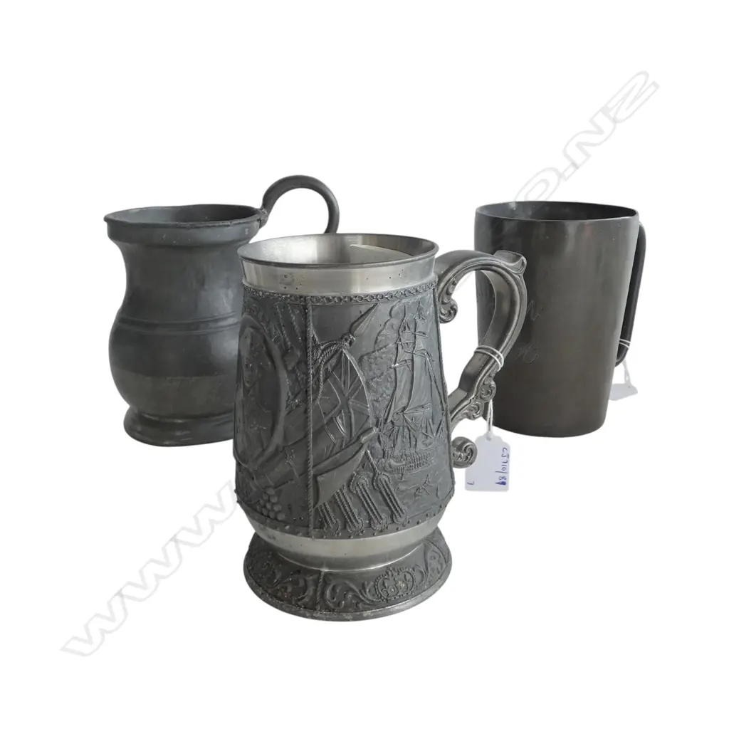 2 ANTIQUE PEWTER TANKARDS & SENAGAL PEWTER MUG H150MM Image 1++