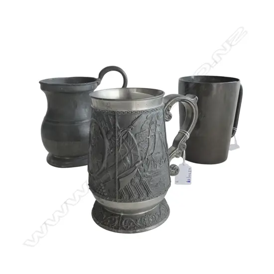 2 ANTIQUE PEWTER TANKARDS & SENAGAL PEWTER MUG H150MM