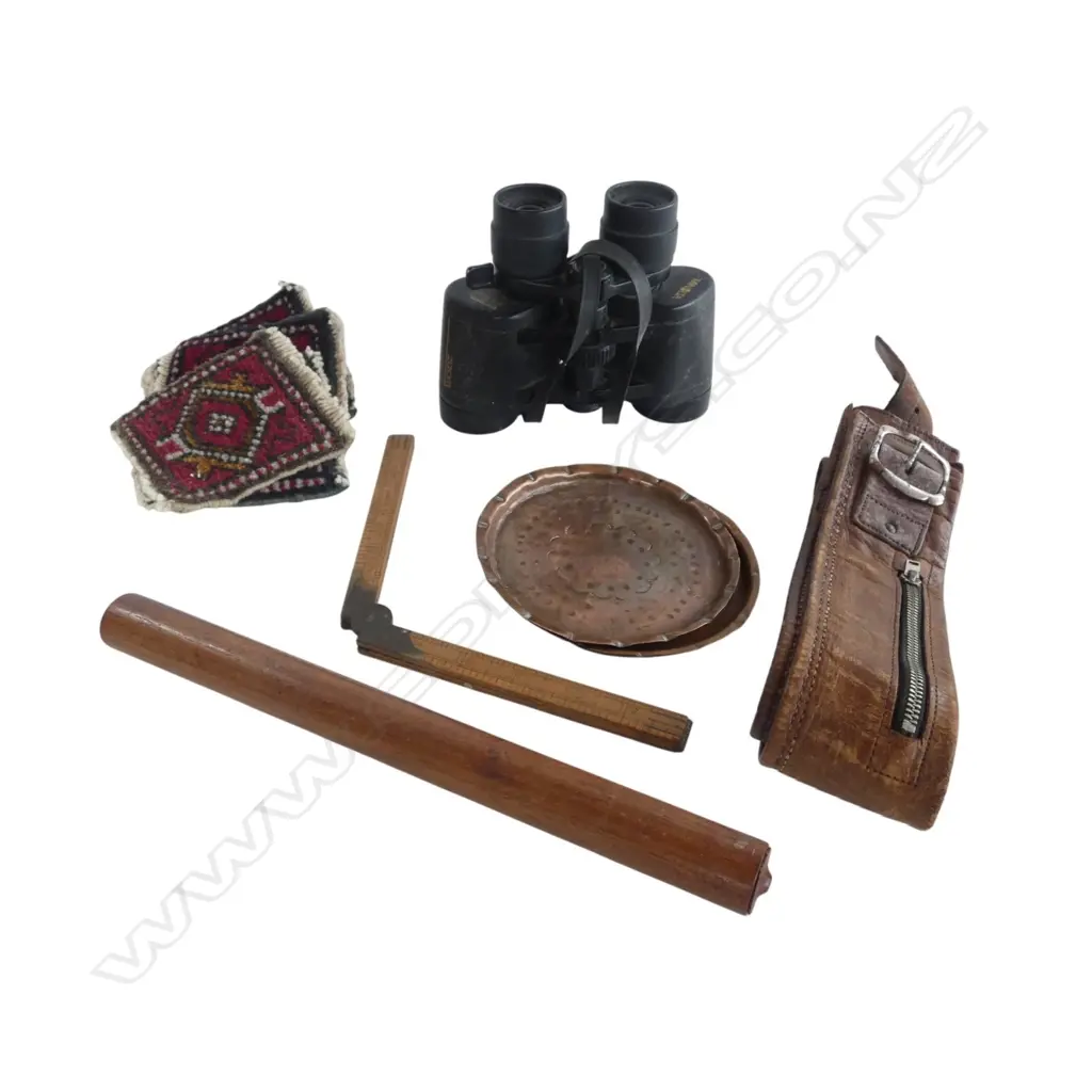 COLLECTABLES INCLDS TUFTED COASTERS, 2 COPPER DISHES, MINOLTA BINOCULARS, RABONE FOLDING RULER ETC Image 1++