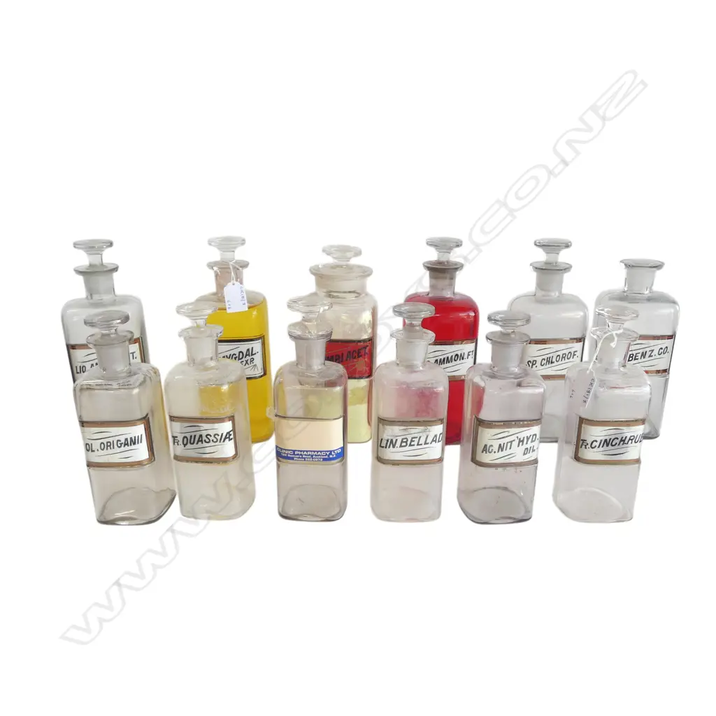 TWO SETS OF SIX LABELED CHEMIST SHOP BOTTLES, H.260 & 210mm Image 1++
