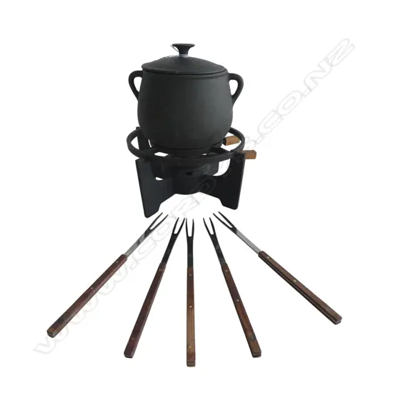 1970's CAST IRON FRENCH COUSANCES FONDUE SET & 5 LE CRUESET FORKS