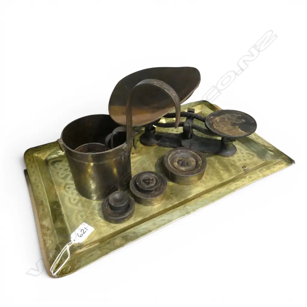 6 PCES; BRASS TRAY 480x300mm, LESCO PETROL CAN, SCALES, 3 METAL MEASURES Image 1++