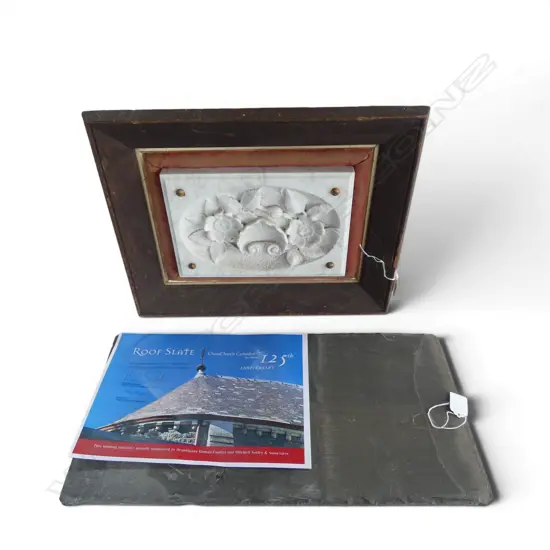 FRAMED CARVED MARBLE PANEL TOGETHER WITH A ROOF SLATE FROM THE CHRISTCHURCH CATHEDRAL 125TH ANNIVERSARY FUNDRAISER 
