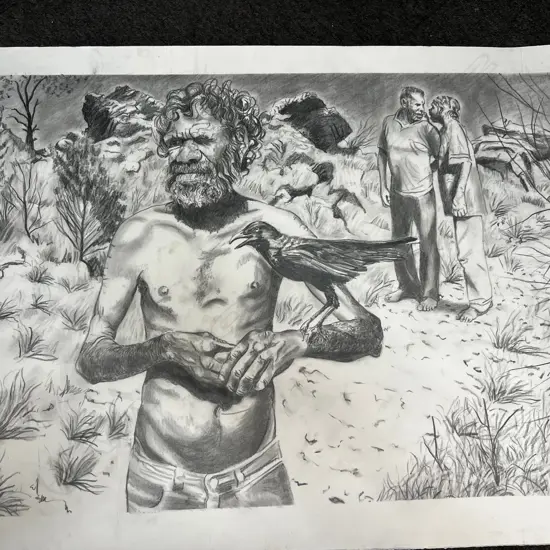 LARGE ABORIGINAL CHARCOAL DRAWING ARTWORK BY ROD MOSS 'The Night In Question'. 700 x 1100mm