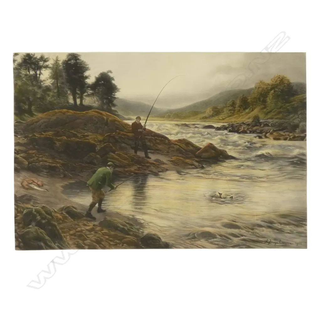 AFTER J FARQUHARSON, 'SALMON FISHING ON THE DEE', HANDCOLOURED ENGRAVING, 650 X 900MM (UNFRAMED, CREASES TO TWO CORNERS) Image 1++